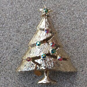 Gold Christmas Tree Pin Brooch with Green & Red Aurora Borealis Crystals